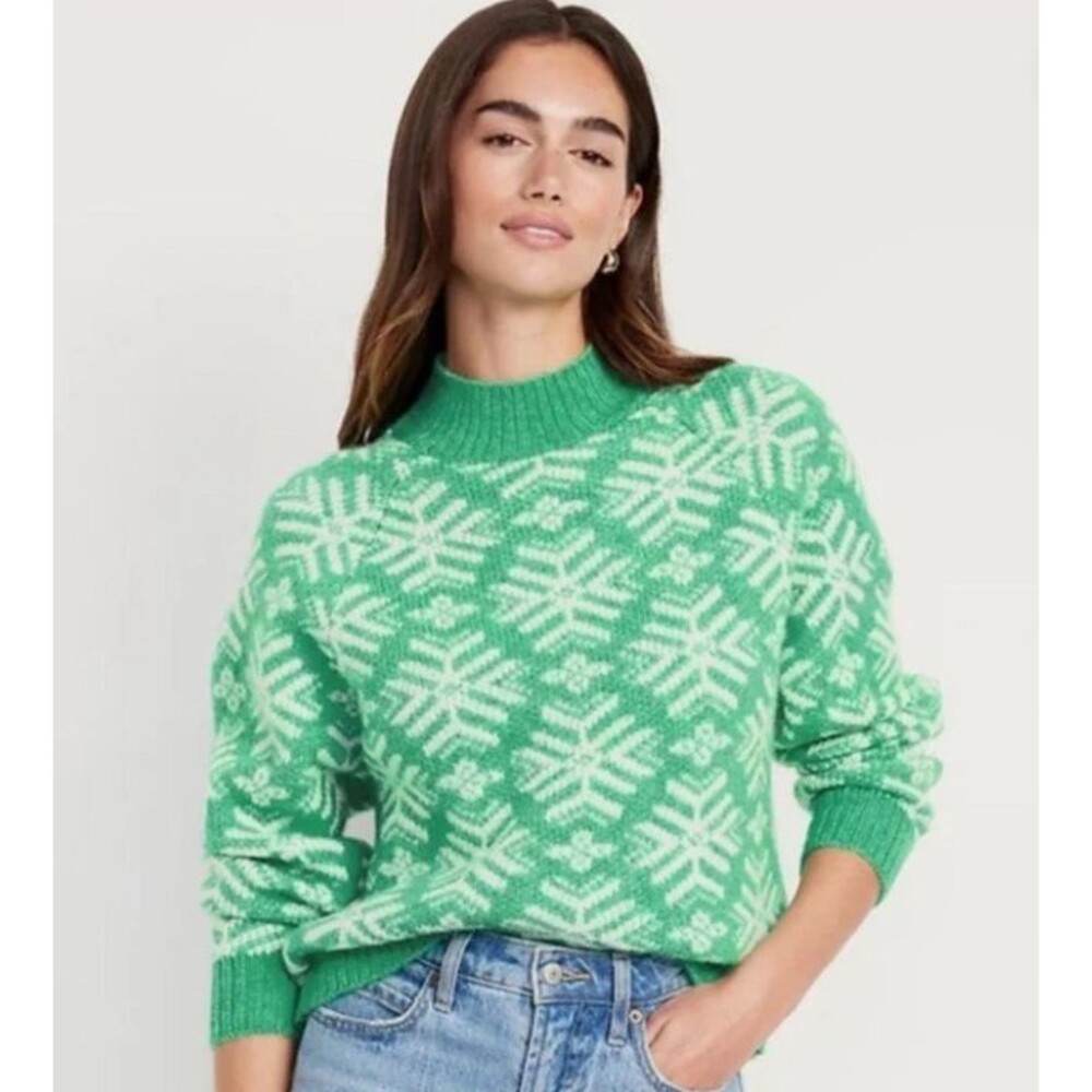 NWT Old Navy Women's Holiday Print Mock-Neck Sweater Green Snowflake Small #1175
